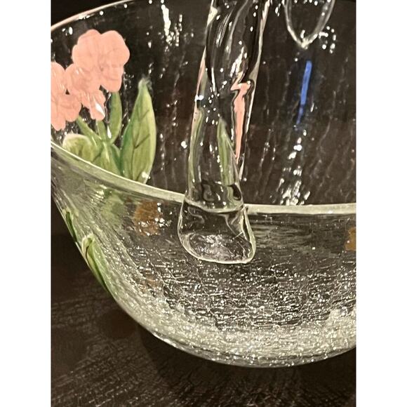 Fifth Avenue Hand Painted Floral Crackle Glass Easter Basket Bowl 8" Pink Purple - Picture 4 of 7